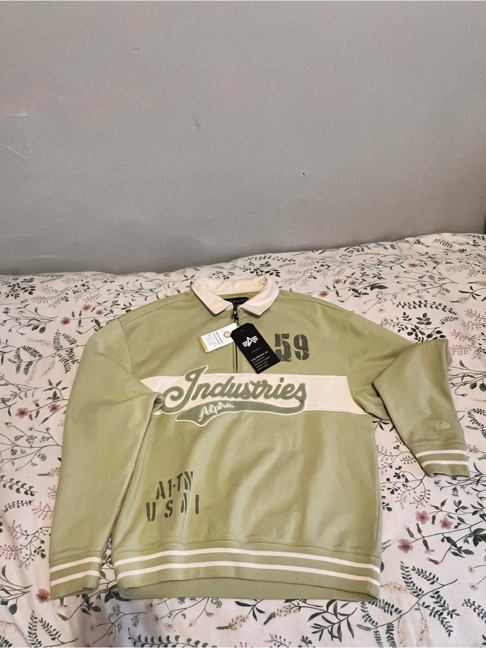 Alpha Industries Men’s Light Green Zip-Front Sweater with White Stripe